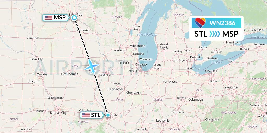 WN2386 Southwest Airlines Flight Map: St. Louis to Minneapolis