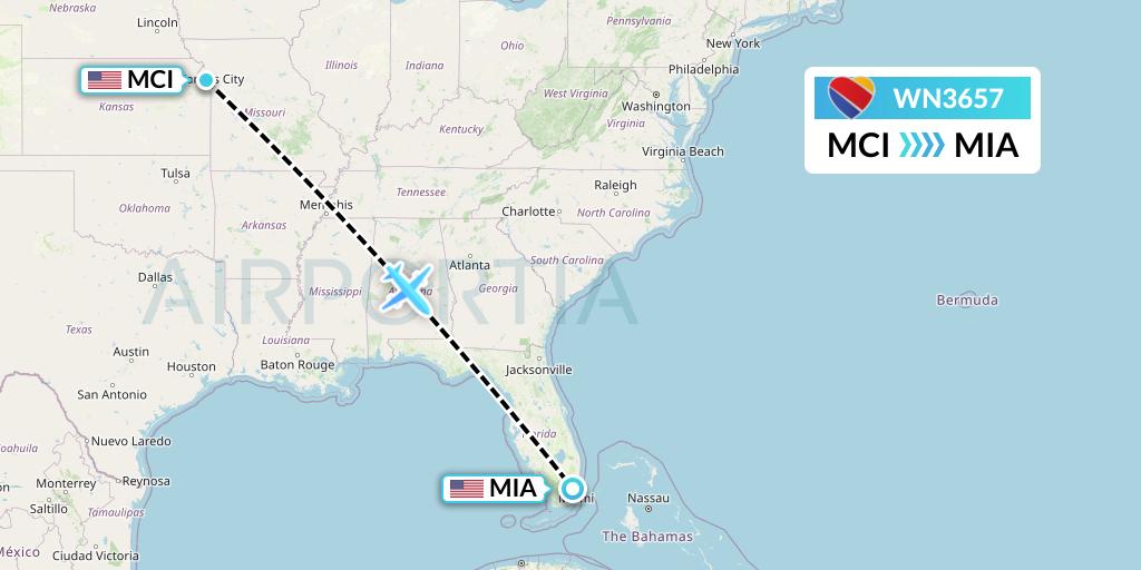 WN3657 Southwest Airlines Flight Map: Kansas City to Miami