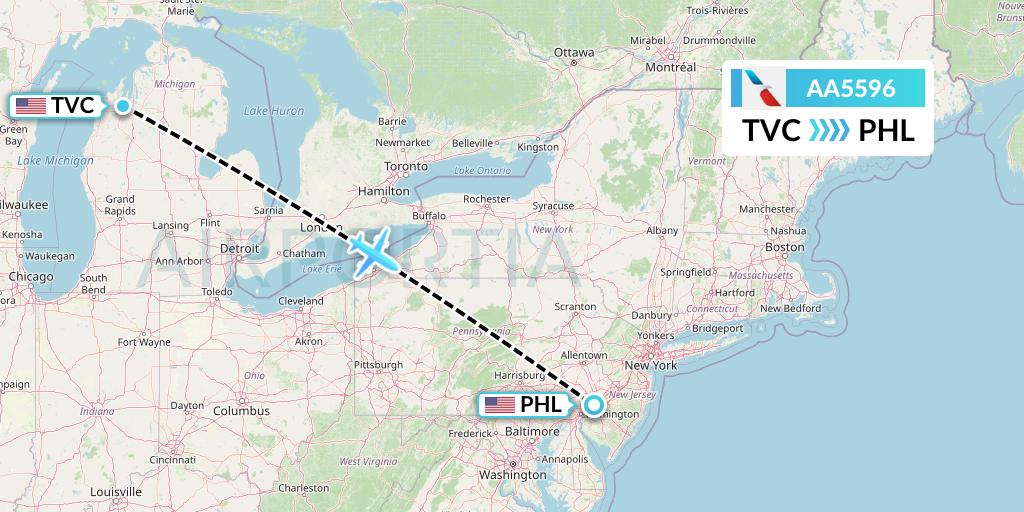 AA5596 American Airlines Flight Map: Traverse City to Philadelphia