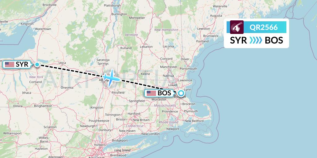 QR2566 Qatar Airways Flight Map: Syracuse to Boston