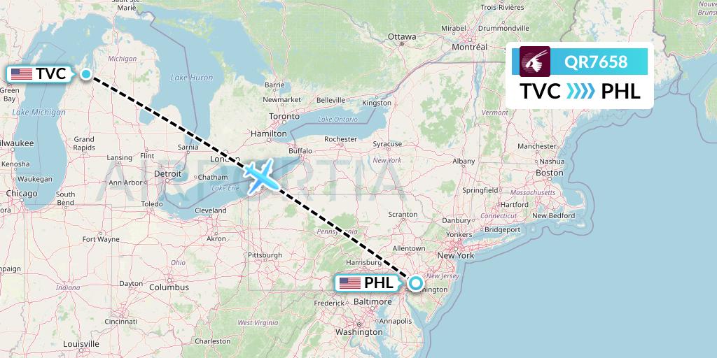 QR7658 Qatar Airways Flight Map: Traverse City to Philadelphia