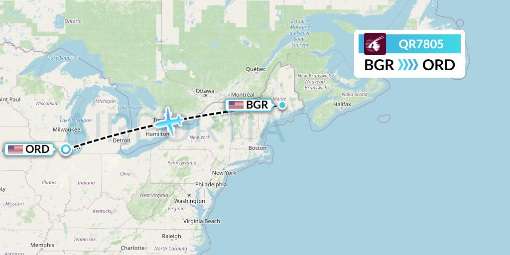 QR7805 Qatar Airways Flight Map: Bangor to Chicago