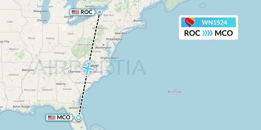 WN1524 Southwest Airlines Flight Map: Rochester to Orlando
