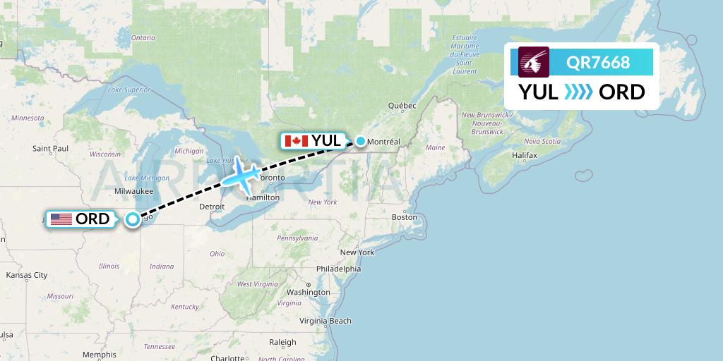 QR7668 Qatar Airways Flight Map: Montreal to Chicago