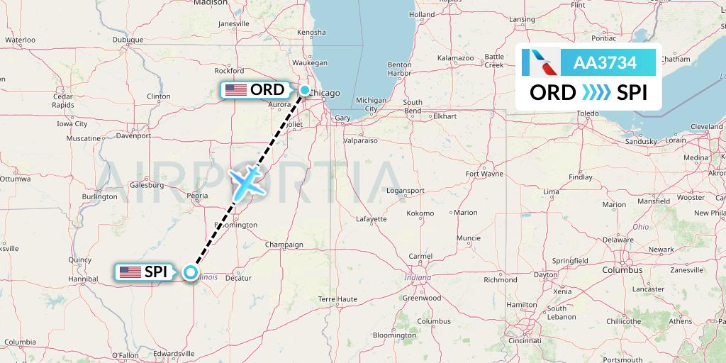 AA3734 American Airlines Flight Map: Chicago to Springfield