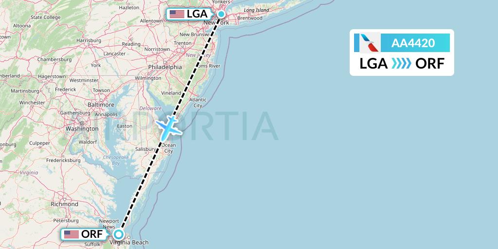 AA4420 American Airlines Flight Map: New York to Norfolk
