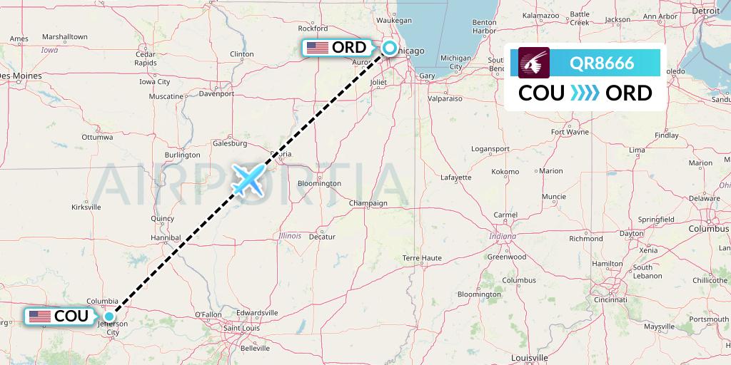 QR8666 Qatar Airways Flight Map: Columbia to Chicago