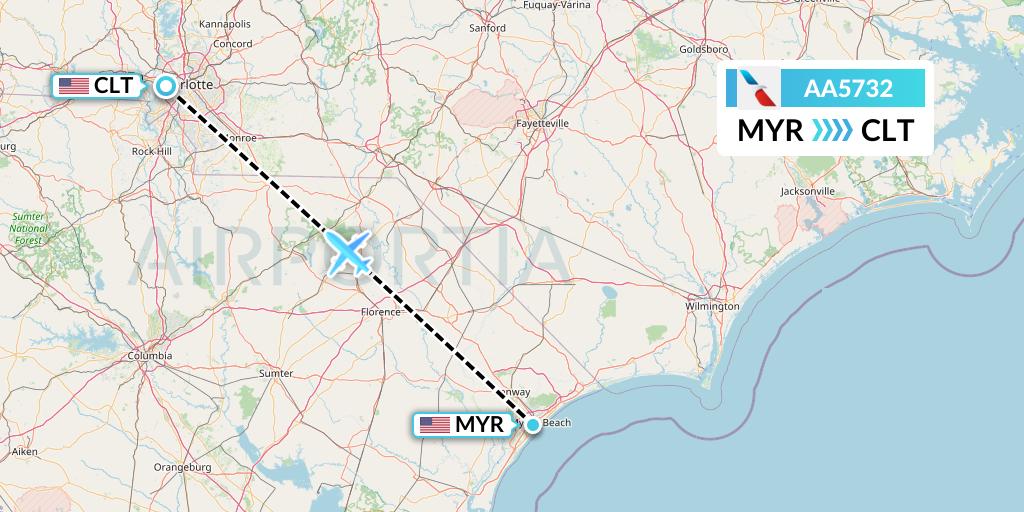 AA5732 American Airlines Flight Map: Myrtle Beach to Charlotte