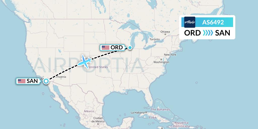 AS6492 Alaska Airlines Flight Map: Chicago to San Diego