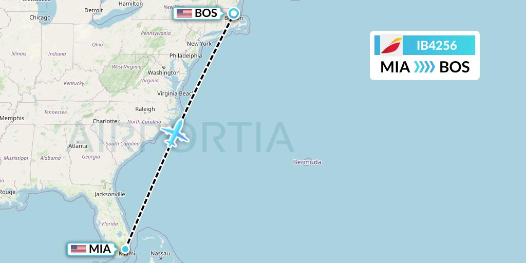 IB4256 Iberia Flight Map: Miami to Boston