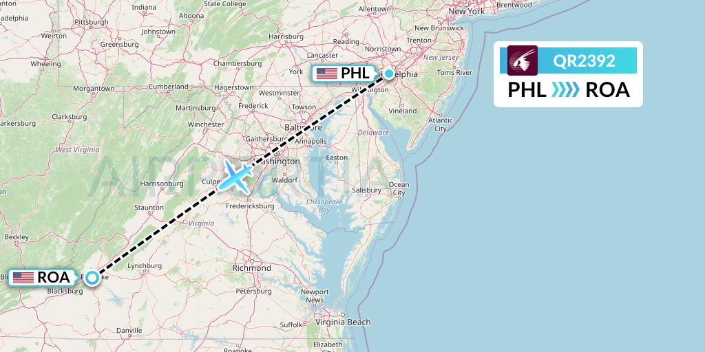 QR2392 Qatar Airways Flight Map: Philadelphia to Roanoke