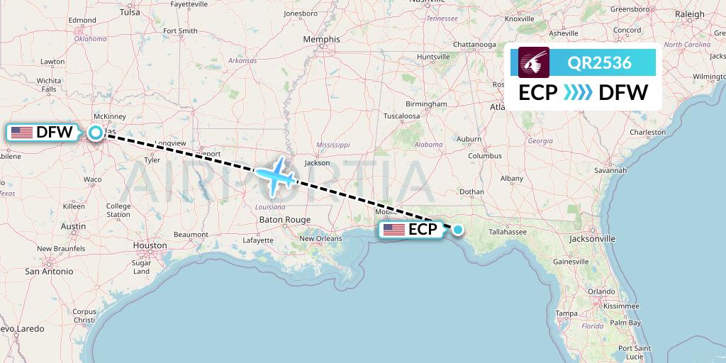 QR2536 Qatar Airways Flight Map: Panama City to Dallas