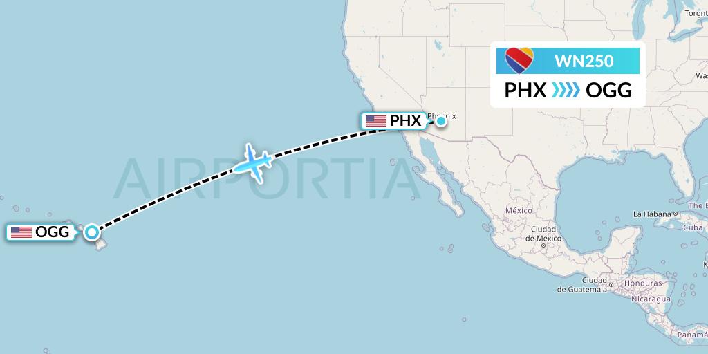 WN250 Southwest Airlines Flight Map: Phoenix to Kahului