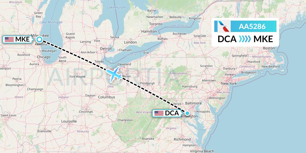 AA5286 American Airlines Flight Map: Washington to Milwaukee