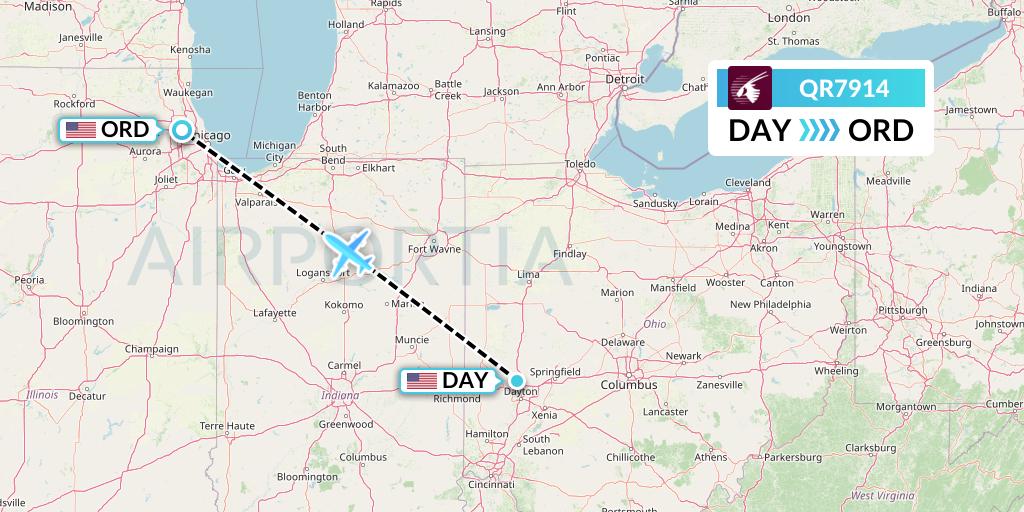 QR7914 Qatar Airways Flight Map: Dayton to Chicago