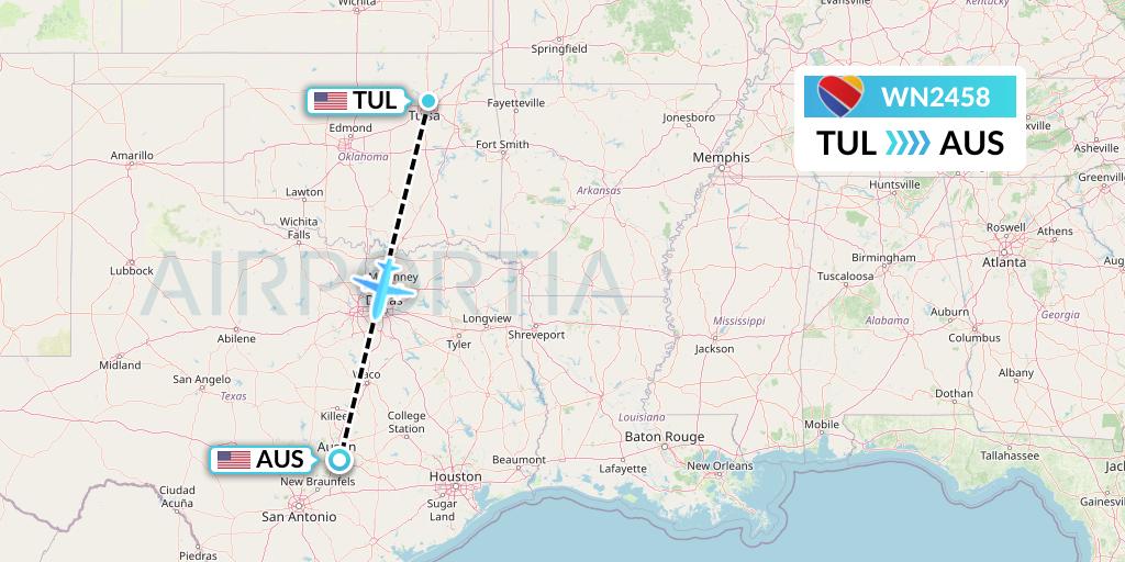 WN2458 Southwest Airlines Flight Map: Tulsa to Austin