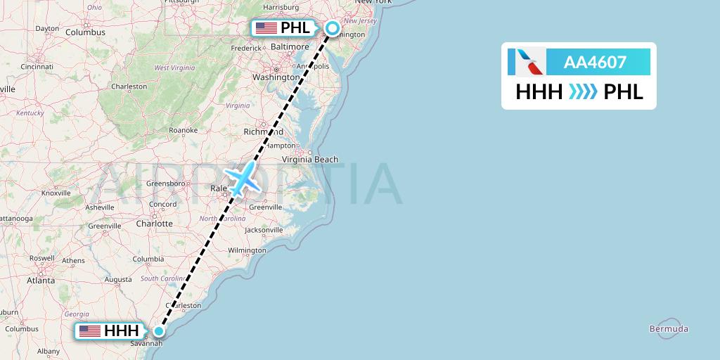 AA4607 American Airlines Flight Map: Hilton Head Island to Philadelphia