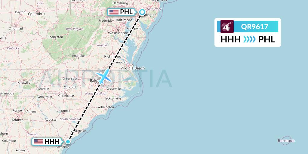 QR9617 Qatar Airways Flight Map: Hilton Head Island to Philadelphia