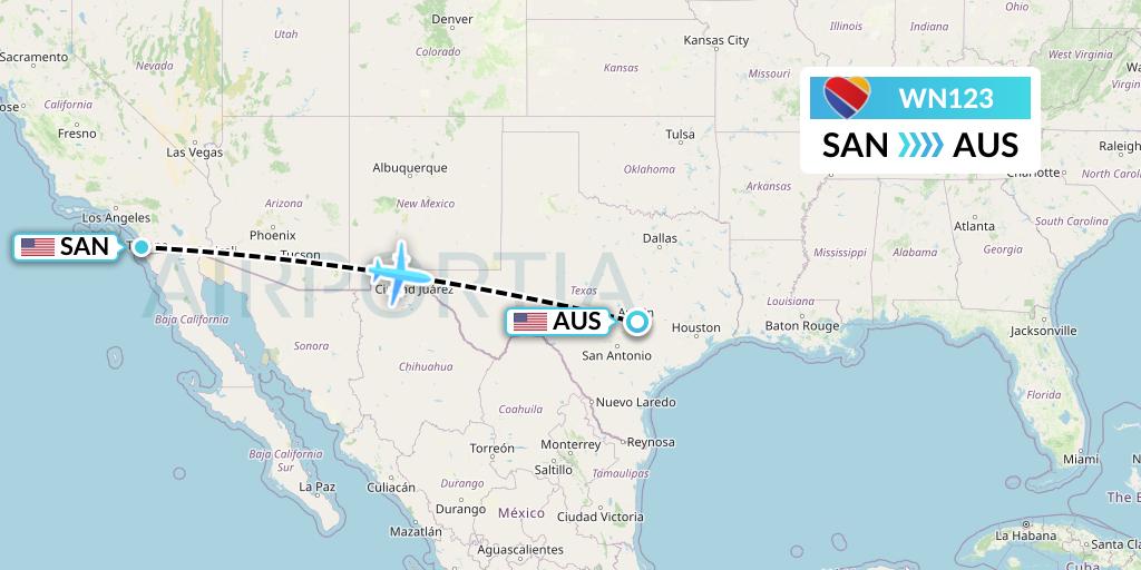 WN123 Southwest Airlines Flight Map: San Diego to Austin