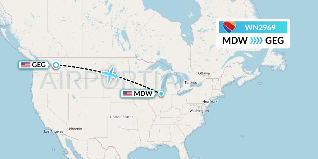 WN2969 Southwest Airlines Flight Map: Chicago to Spokane