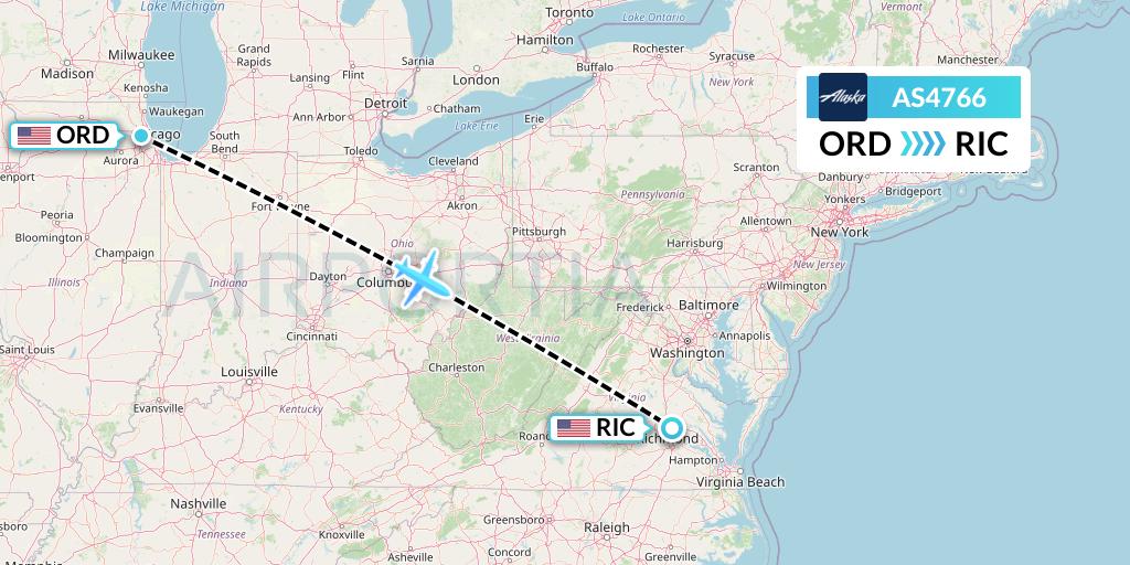 AS4766 Alaska Airlines Flight Map: Chicago to Richmond