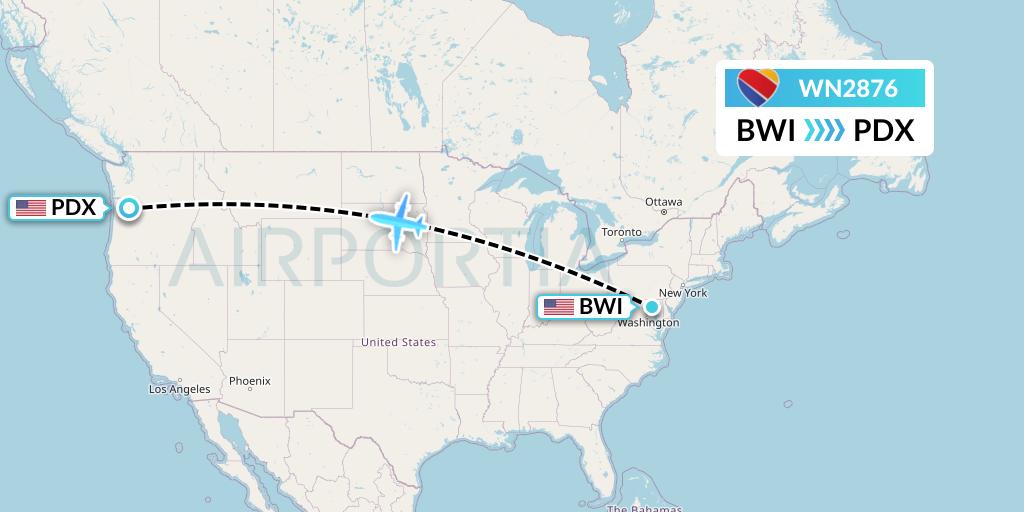 WN2876 Southwest Airlines Flight Map: Baltimore to Portland