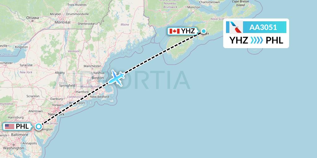 AA3051 American Airlines Flight Map: Halifax to Philadelphia