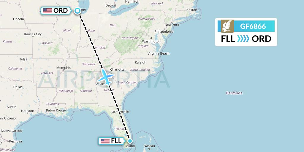 GF6866 Gulf Air Flight Map: Fort Lauderdale to Chicago