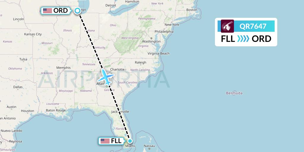 QR7647 Qatar Airways Flight Map: Fort Lauderdale to Chicago