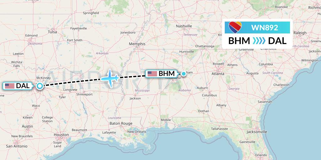 WN892 Southwest Airlines Flight Map: Birmingham to Dallas