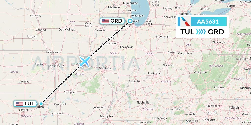 AA5631 American Airlines Flight Map: Tulsa to Chicago