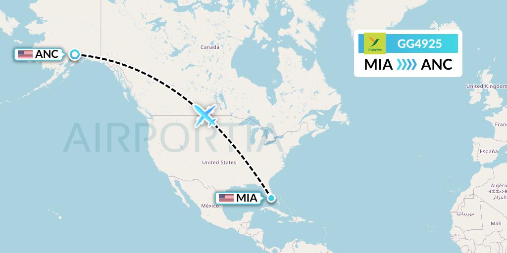 GG4925 Sky Lease 1 Flight Map: Miami to Anchorage