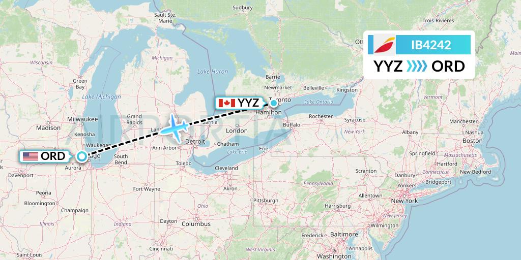 IB4242 Iberia Flight Map: Toronto to Chicago
