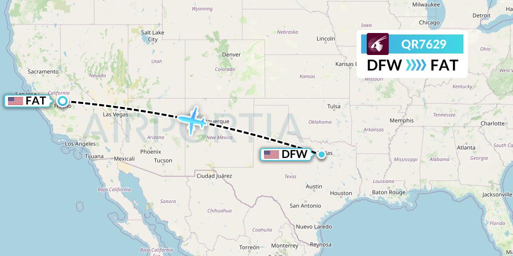 QR7629 Qatar Airways Flight Map: Dallas to Fresno