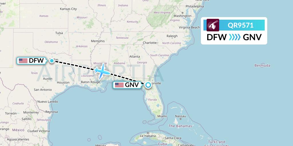 QR9571 Qatar Airways Flight Map: Dallas to Gainesville