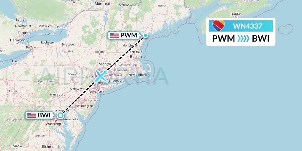WN4337 Southwest Airlines Flight Map: Portland to Baltimore