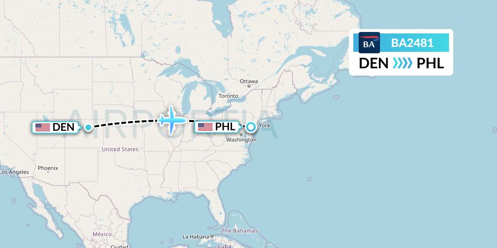 BA2481 British Airways Flight Map: Denver to Philadelphia