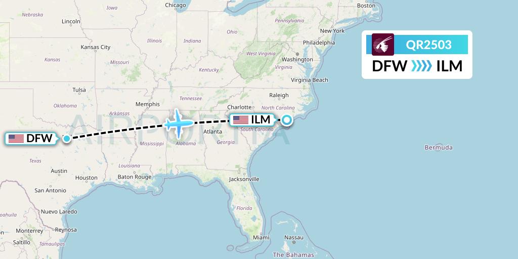 QR2503 Qatar Airways Flight Map: Dallas to Wilmington