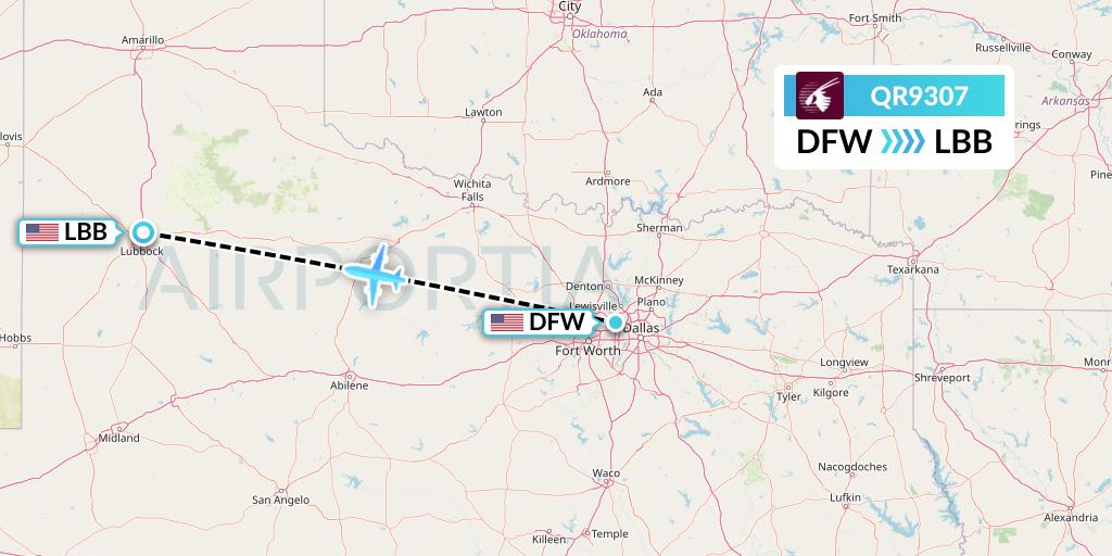 QR9307 Qatar Airways Flight Map: Dallas to Lubbock