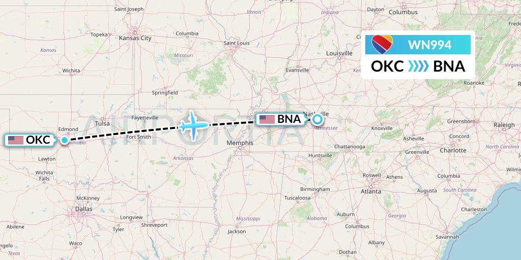 WN994 Southwest Airlines Flight Map: Oklahoma City to Nashville