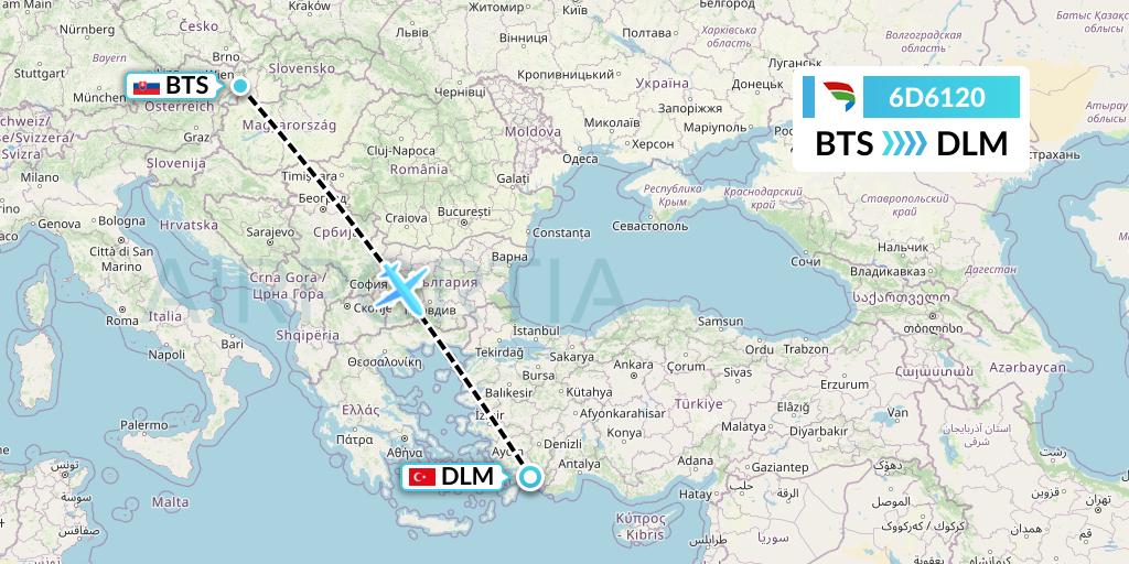 6D6120 Travel Service Slovakia Flight Map: Bratislava to Dalaman