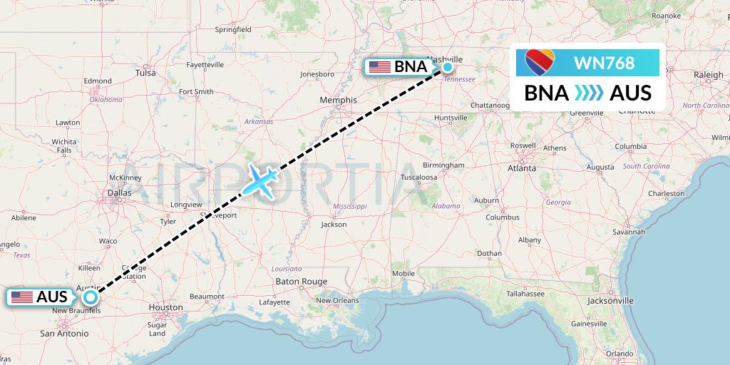 WN768 Southwest Airlines Flight Map: Nashville to Austin