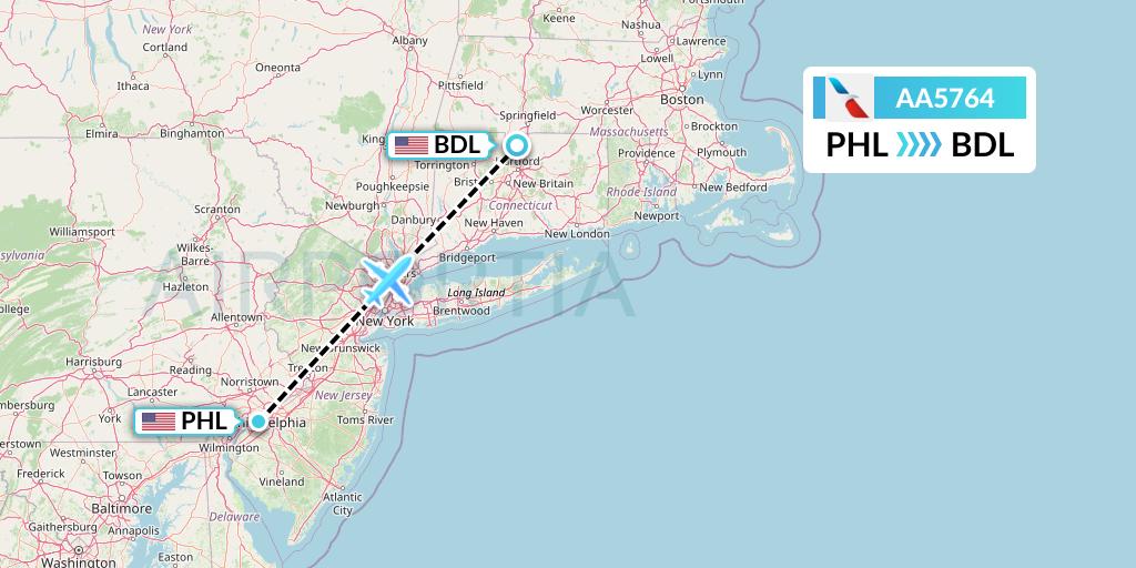 AA5764 American Airlines Flight Map: Philadelphia to Windsor Locks