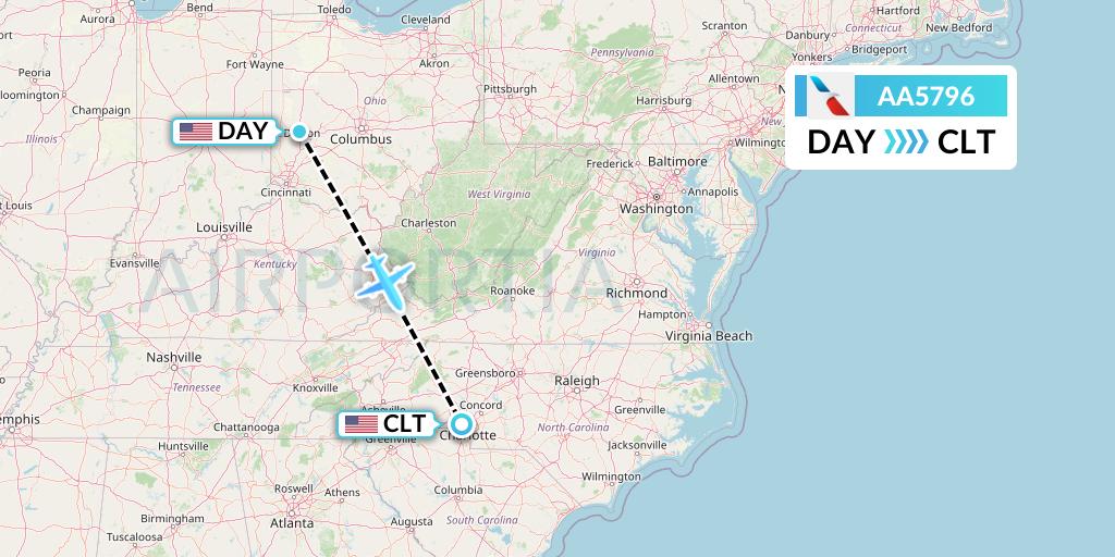 AA5796 American Airlines Flight Map: Dayton to Charlotte