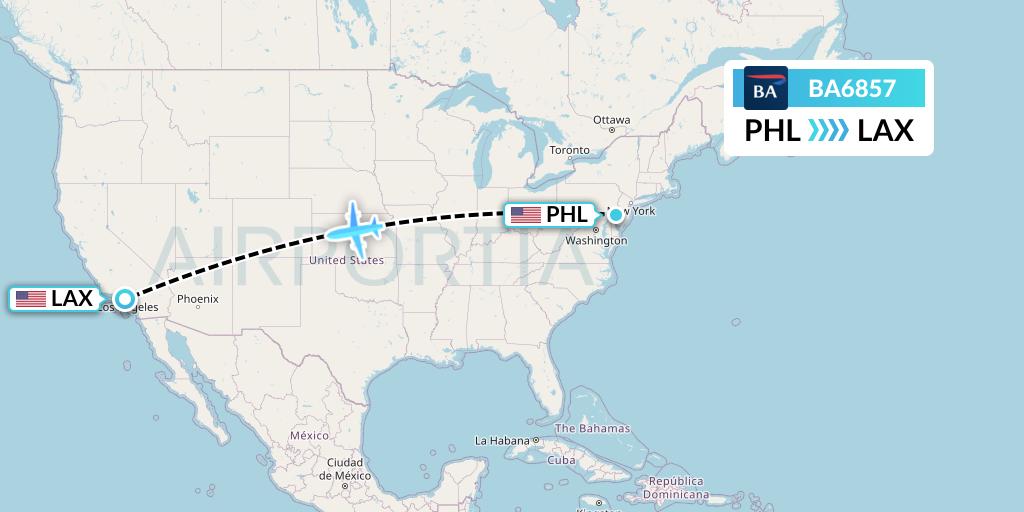 BA6857 British Airways Flight Map: Philadelphia to Los Angeles