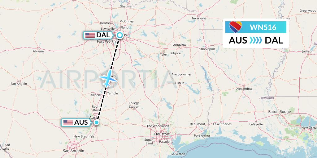WN516 Southwest Airlines Flight Map: Austin to Dallas