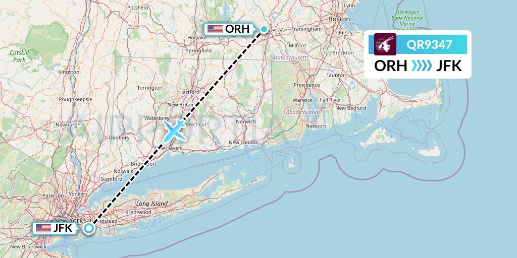 QR9347 Qatar Airways Flight Map: Worcester to New York