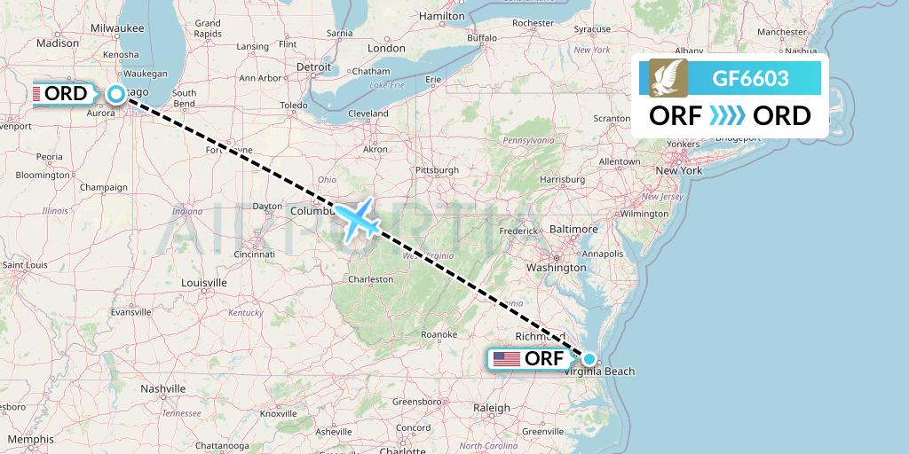 GF6603 Gulf Air Flight Map: Norfolk to Chicago
