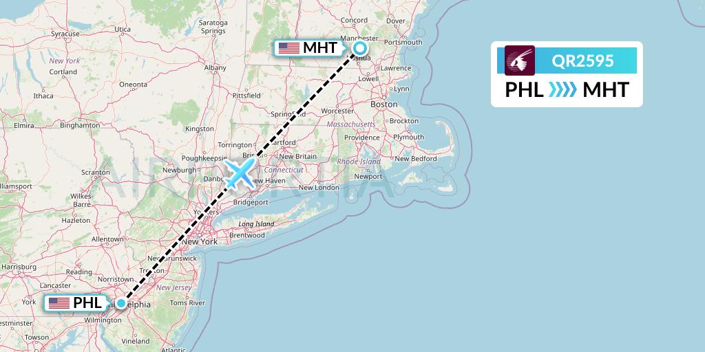 QR2595 Qatar Airways Flight Map: Philadelphia to Manchester