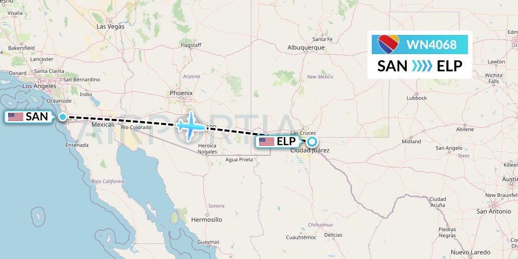 WN4068 Southwest Airlines Flight Map: San Diego to El Paso